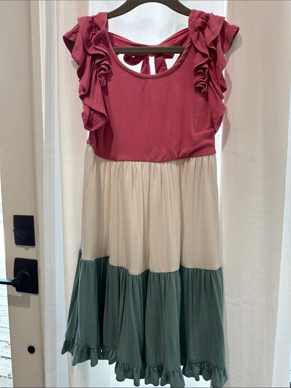 Rare Editions Girls' Tiered Ruffle Sleeve Dress in Pink, Cream & Green